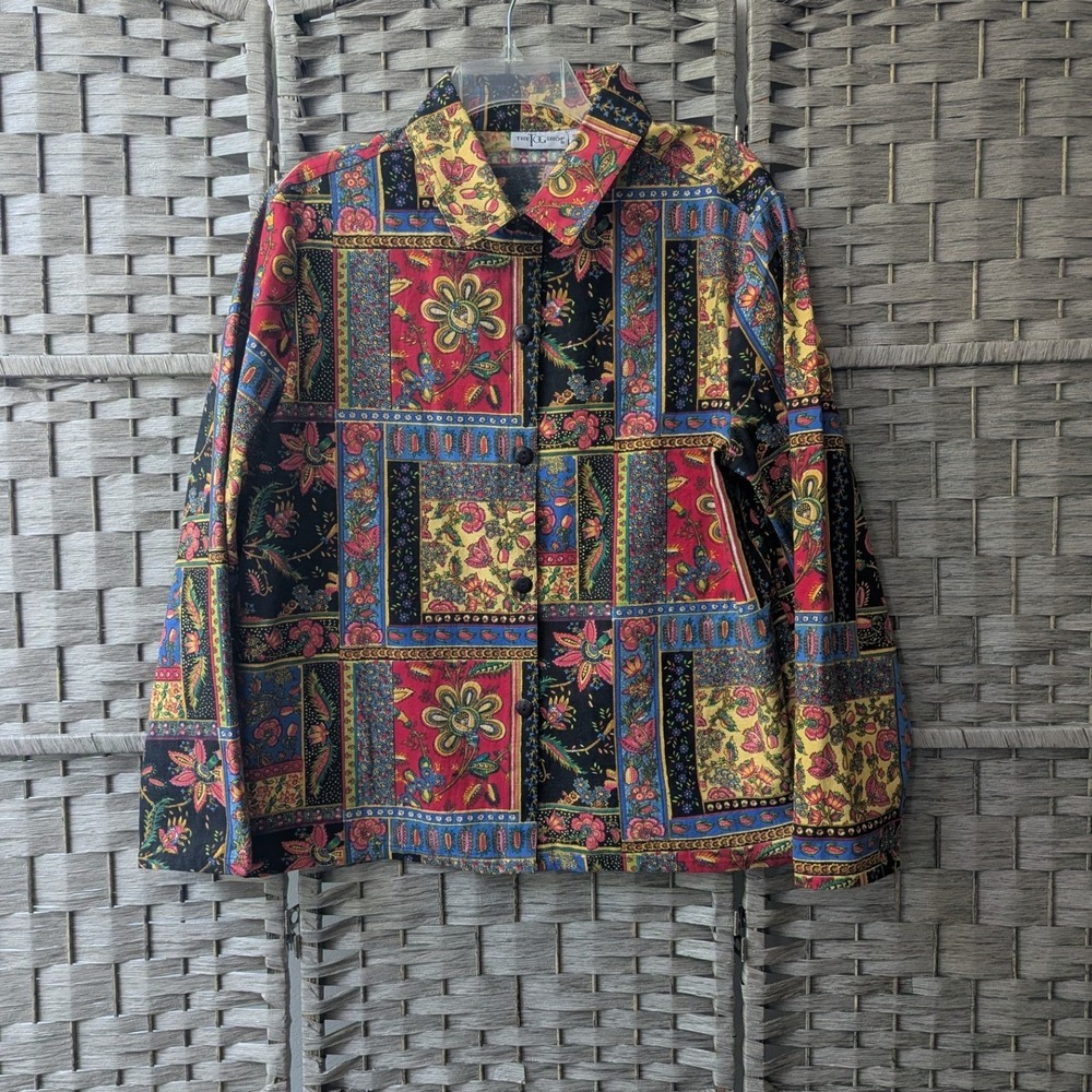 Vtg Jacket Multicolor Patchwork Floral Cotton Lightweight Sz L Boho Artsy 90s